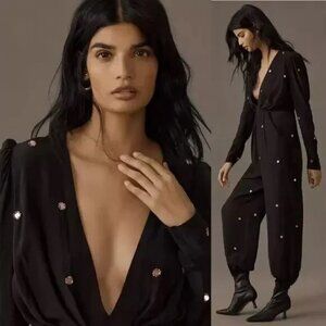 FARM RIO Anthropologie Black Beaded Mirror Dot Jumpsuit XS NEW!